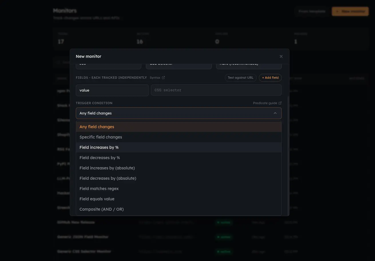 Verid monitor Alerting settings tab showing a JSON predicate editor with field_decreases_by_percent predicate and amber #e89741 syntax highlighting on dark navy background