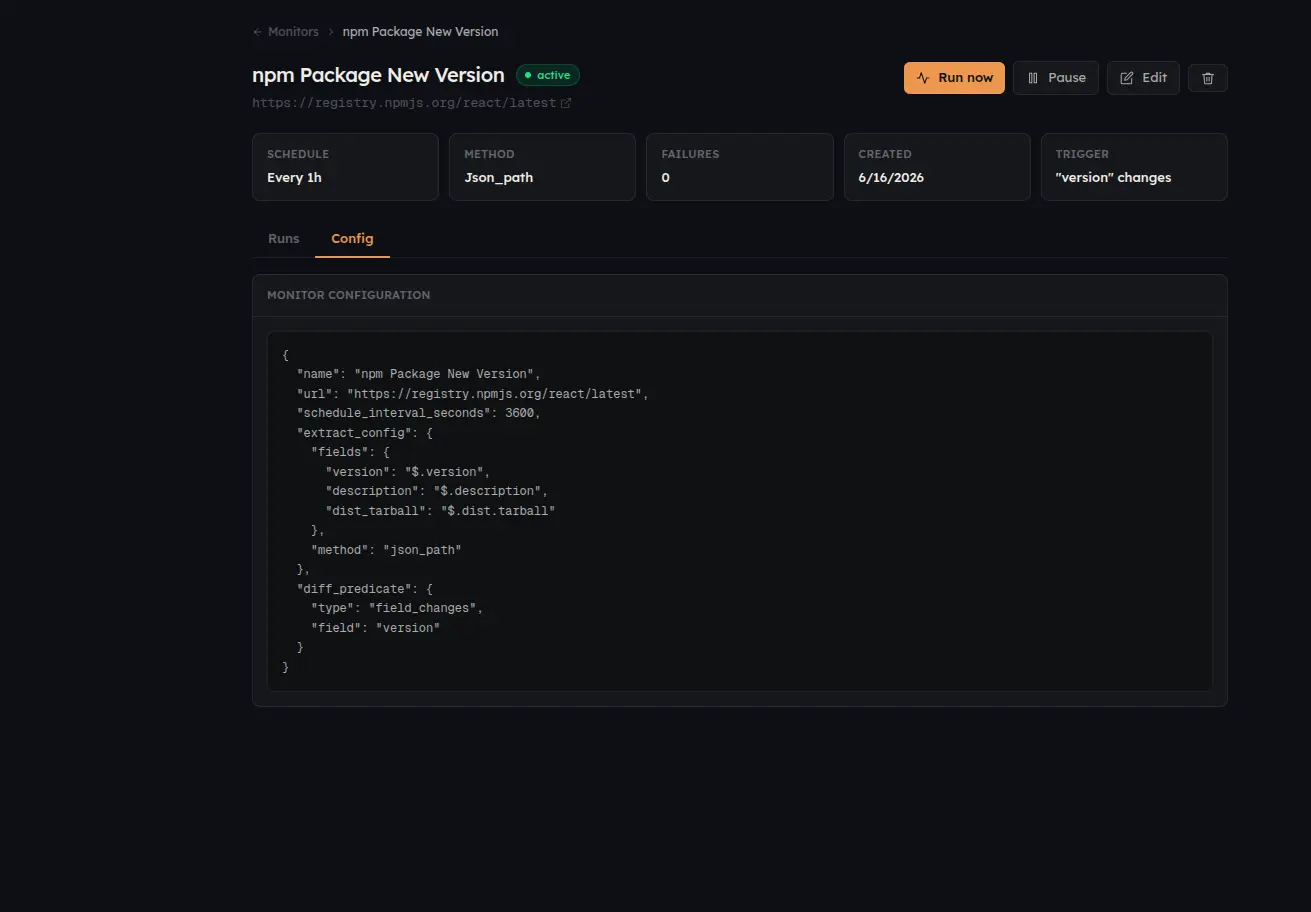 Verid monitor config settings tab showing a JSON predicate editor with field_change predicate and amber #e89741 syntax highlighting on dark navy background