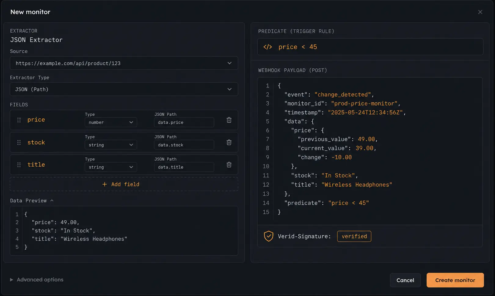 Verid structured extractor configuration showing typed JSON fields and a signed webhook payload for page change detection