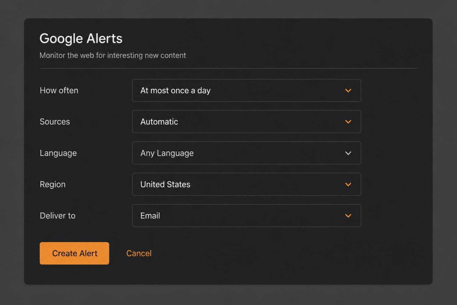 Google Alerts settings panel showing frequency, sources, language, region, and delivery options