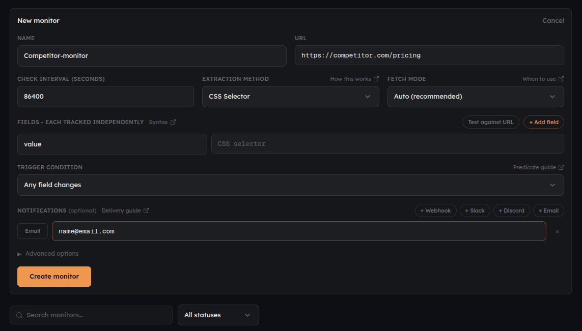 Verid website change monitor setup screen showing URL input, check interval selector, and alert delivery options