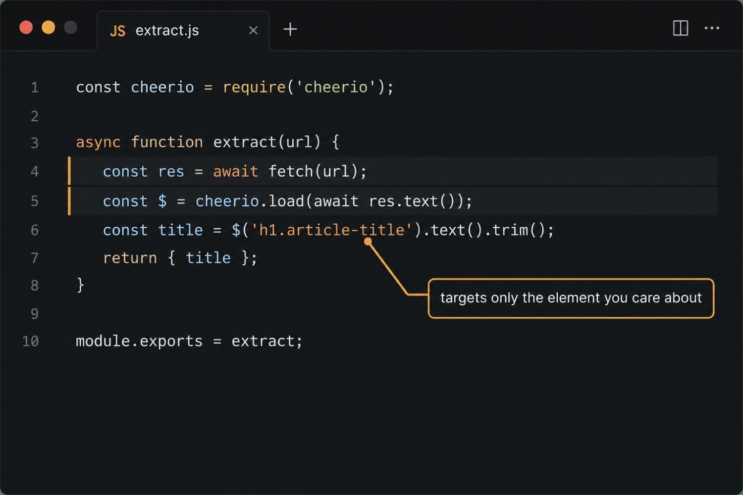 Node.js extract function showing CSS selector-based website change detection code